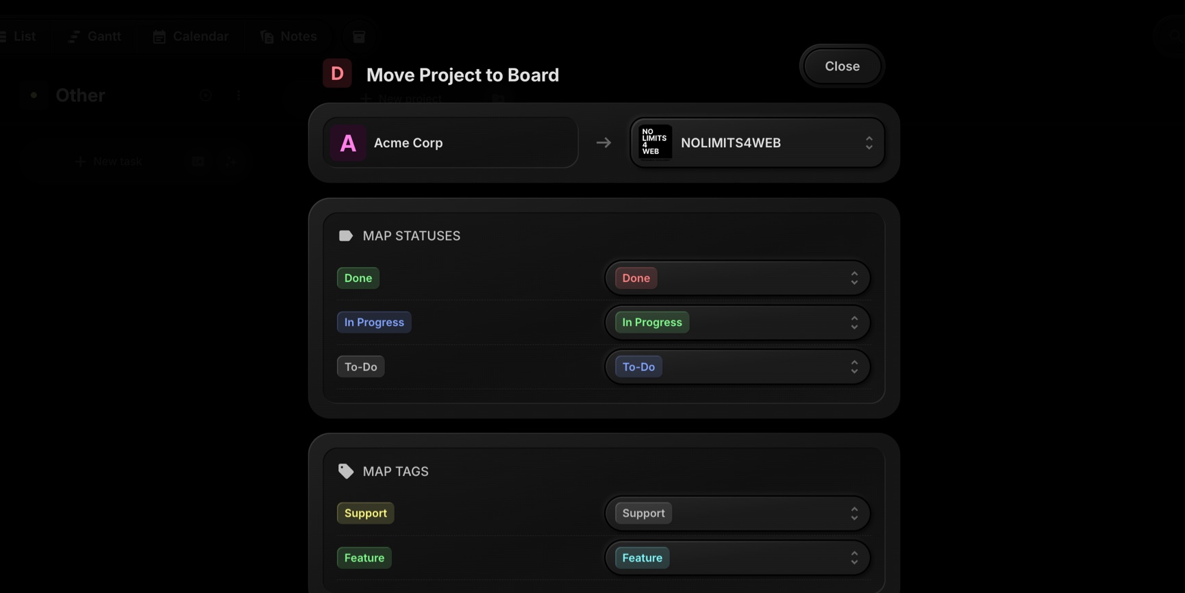Move Projects Between Boards